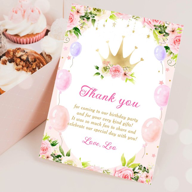 Floral Princess Crown 1st Birthday Thank You Card (Creator Uploaded)
