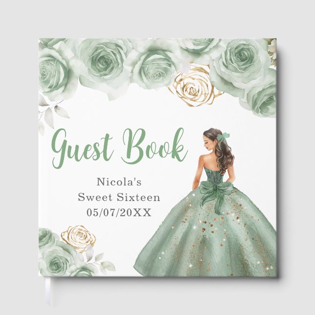 Floral Princess in a Green Dress Sweet Sixteen Guest Book (Front)