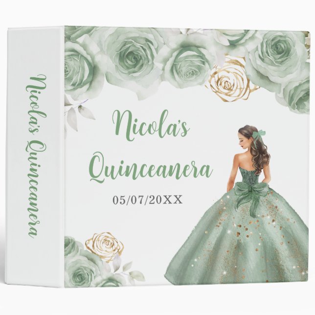 Floral Princess in a Sage Green Dress Quinceanera 3 Ring Binder (Front/Spine)