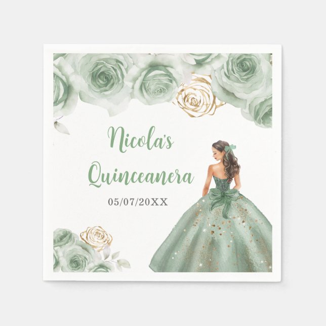 Floral Princess in a Sage Green Dress Quinceanera  Napkins (Front)