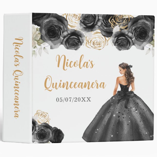 Floral Princess in Black Dress Quinceanera 3 Ring Binder (Front/Spine)