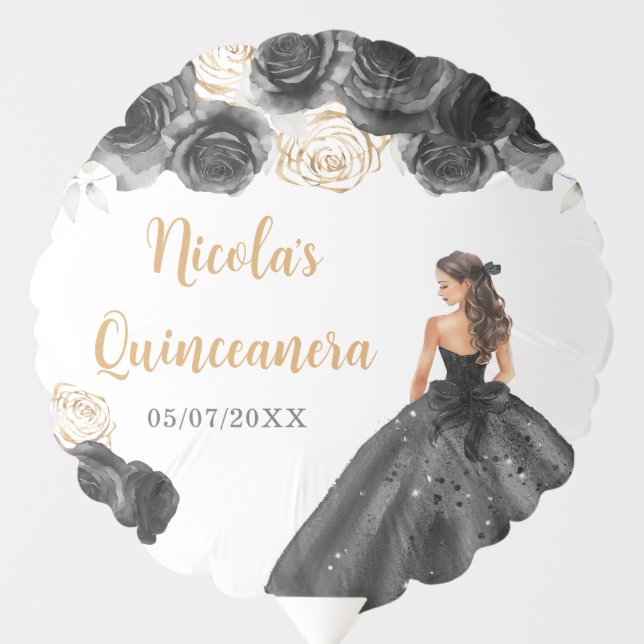 Floral Princess in Black Dress Quinceanera Balloon (Front)