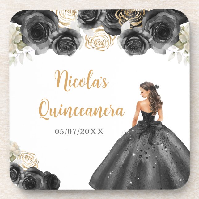 Floral Princess in Black Dress Quinceanera Beverage Coaster (Front)