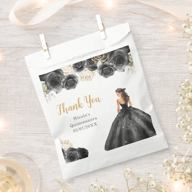 Floral Princess in Black Dress Quinceanera Favor Bag (Clipped)