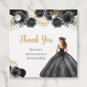 Floral Princess in Black Dress Quinceanera Favor Tags