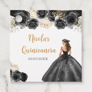 Floral Princess in Black Dress Quinceanera Favor Tags