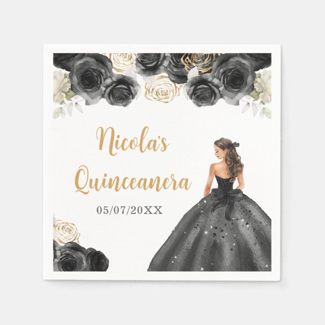 Floral Princess in Black Dress Quinceanera Napkins (Front)