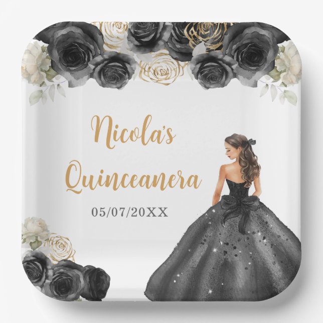 Floral Princess in Black Dress Quinceanera Paper Plates (Front)