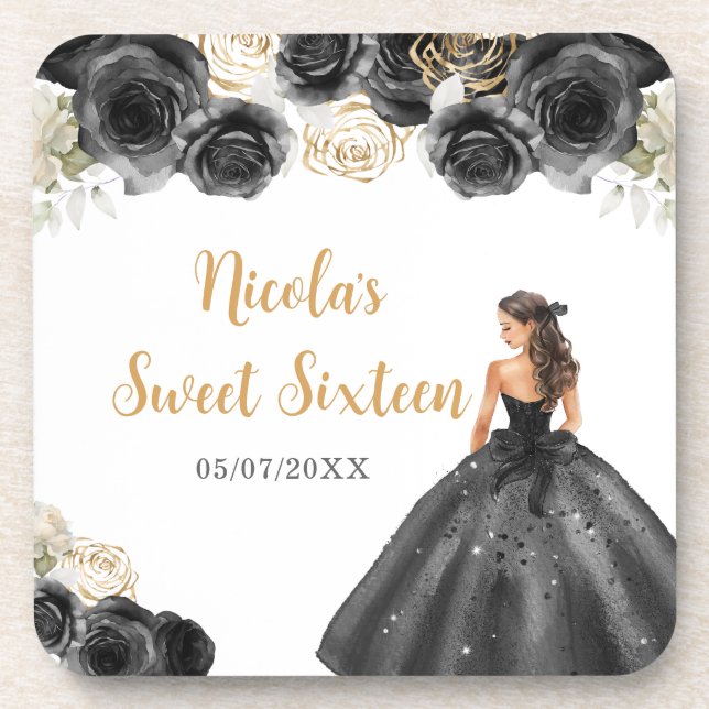 Floral Princess in Black Dress Sweet Sixteen Beverage Coaster (Front)
