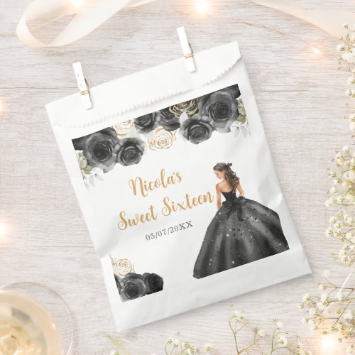 Floral Princess in Black Dress Sweet Sixteen Favor Bag