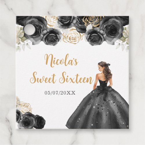 Floral Princess in Black Dress Sweet Sixteen Favor Tags