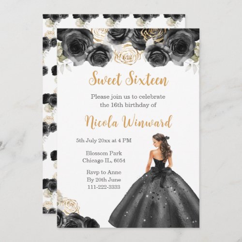 Floral Princess in Black Dress Sweet Sixteen Invitation