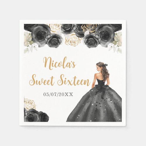 Floral Princess in Black Dress Sweet Sixteen Napkins