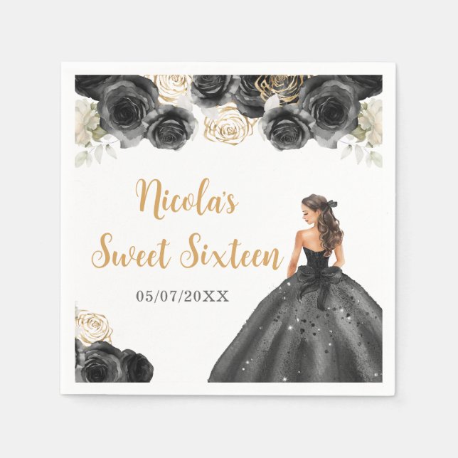Floral Princess in Black Dress Sweet Sixteen Napkins (Front)