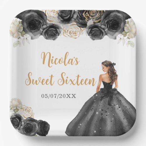 Floral Princess in Black Dress Sweet Sixteen Paper Plates