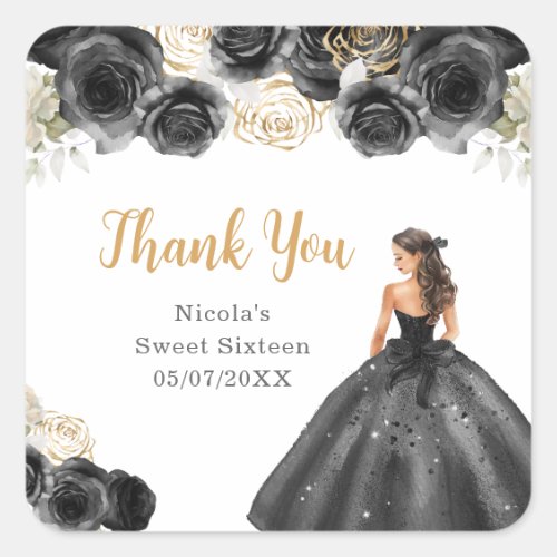 Floral Princess in Black Dress Sweet Sixteen Square Sticker