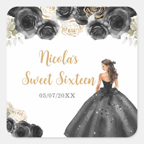 Floral Princess in Black Dress Sweet Sixteen Square Sticker