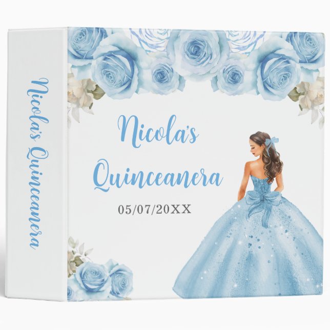 Floral Princess in Blue Dress Quinceanera 3 Ring Binder (Front/Spine)