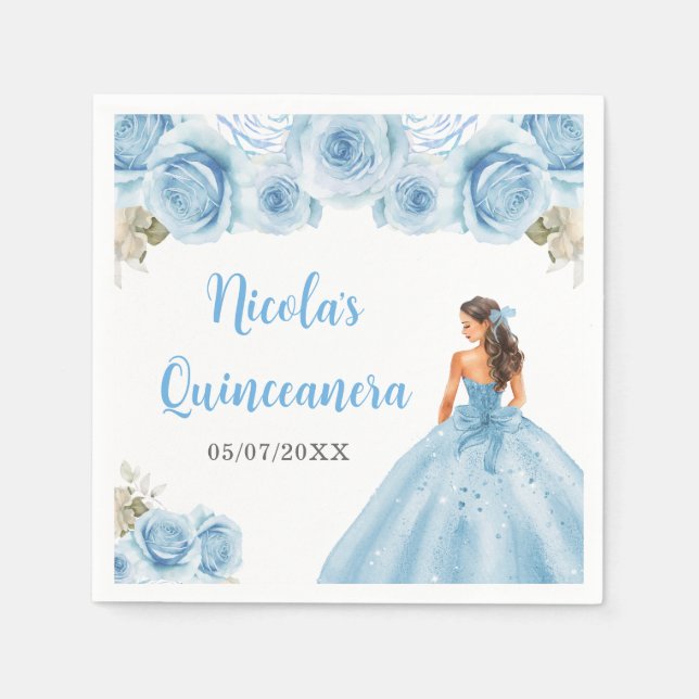 Floral Princess in Blue Dress Quinceanera Napkins (Front)