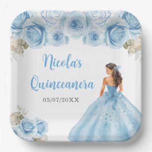Floral Princess in Blue Dress Quinceanera Paper Plates