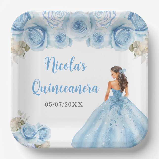 Floral Princess in Blue Dress Quinceanera Paper Plates (Front)