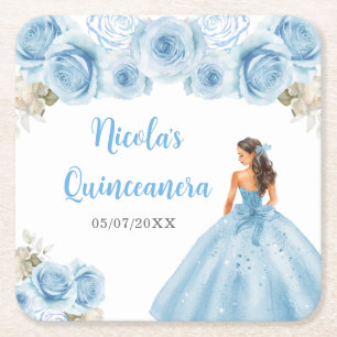 Floral Princess in Blue Dress Quinceanera Square Paper Coaster