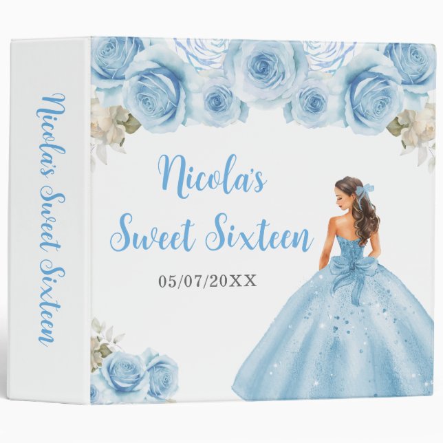 Floral Princess in Blue Dress Sweet Sixteen 3 Ring Binder (Front/Spine)