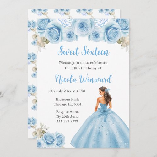Floral Princess in Blue Dress Sweet Sixteen Invitation
