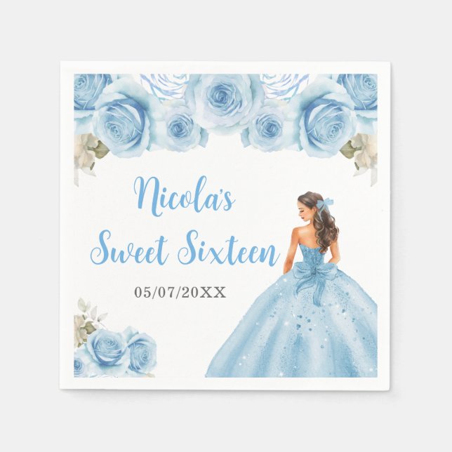 Floral Princess in Blue Dress Sweet Sixteen Napkins (Front)