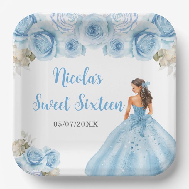 Floral Princess in Blue Dress Sweet Sixteen Paper Plates (Front)