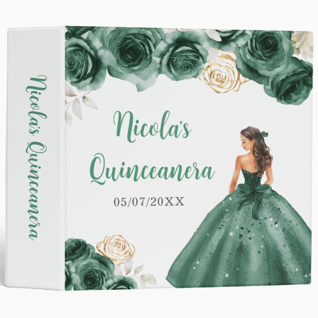 Floral Princess in Dark Green Dress Quinceanera 3 Ring Binder (Front/Spine)