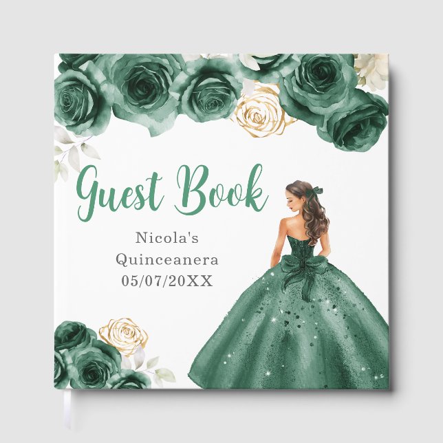 Floral Princess in Dark Green Dress Quinceanera Guest Book (Front)