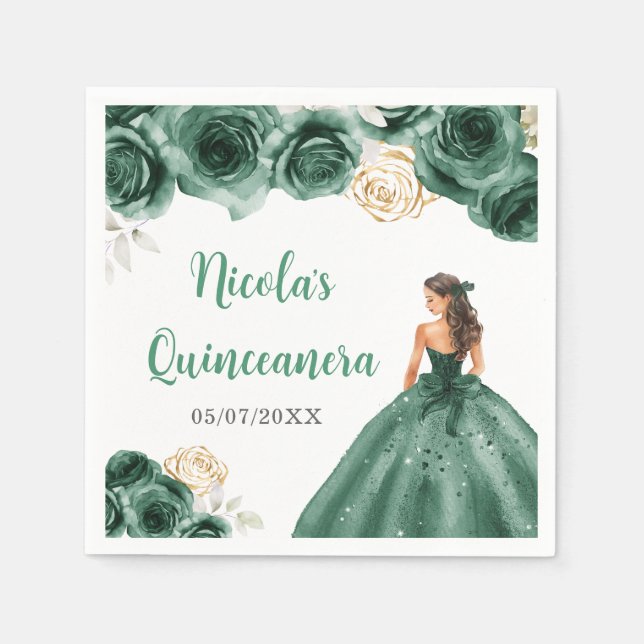 Floral Princess in Dark Green Dress Quinceanera  Napkins (Front)