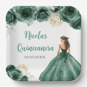 Floral Princess in Dark Green Dress Quinceanera Paper Plates