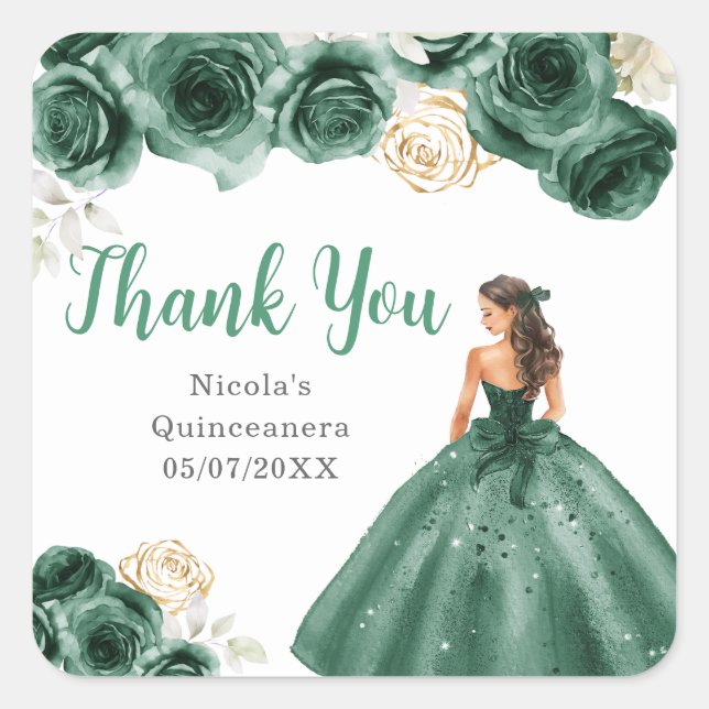 Floral Princess in Dark Green Dress Quinceanera Square Sticker (Front)