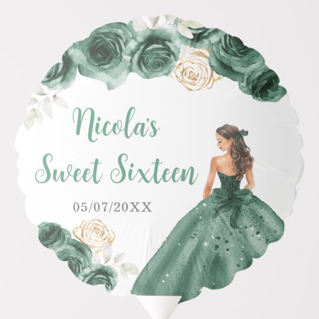 Floral Princess in Dark Green Dress Sweet Sixteen Balloon (Front)