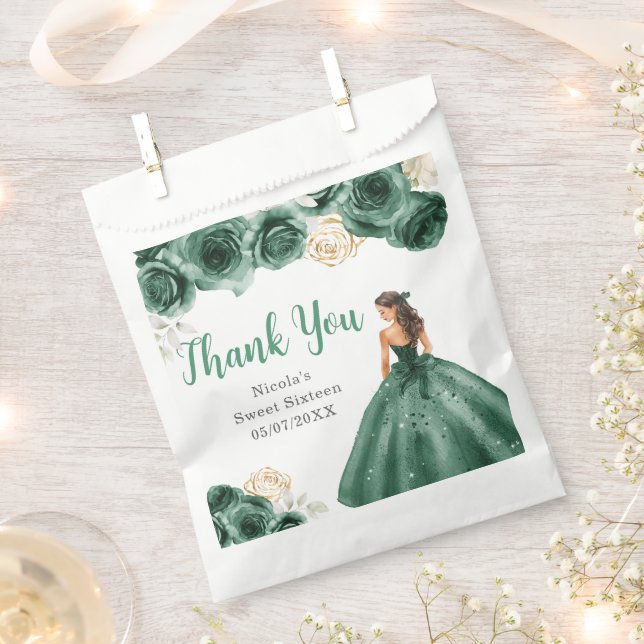 Floral Princess in Dark Green Dress Sweet Sixteen Favor Bag (Clipped)