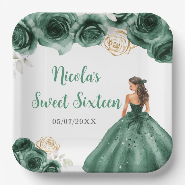 Floral Princess in Dark Green Dress Sweet Sixteen  Paper Plates (Front)