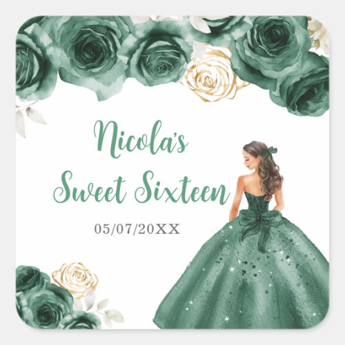 Floral Princess in Dark Green Dress Sweet Sixteen Square Sticker