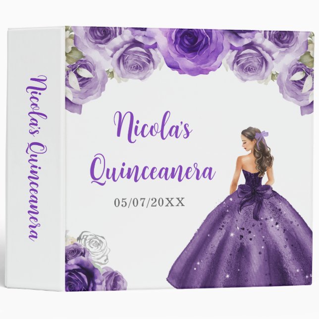 Floral Princess in Dark Purple Dress Quinceanera 3 Ring Binder (Front/Spine)