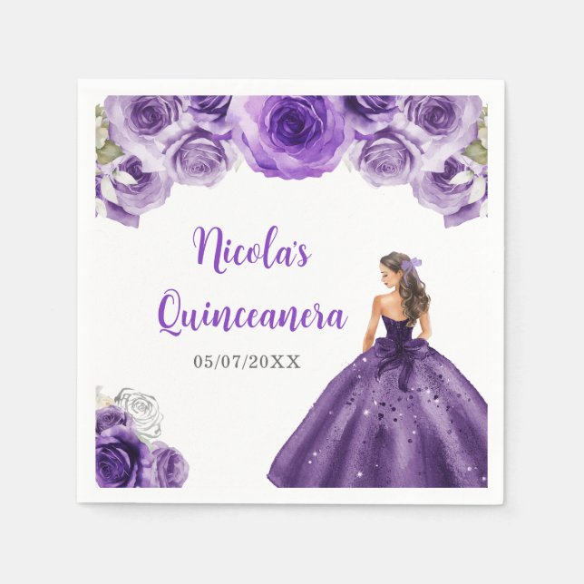 Floral Princess in Dark Purple Dress Quinceanera  Napkins (Front)