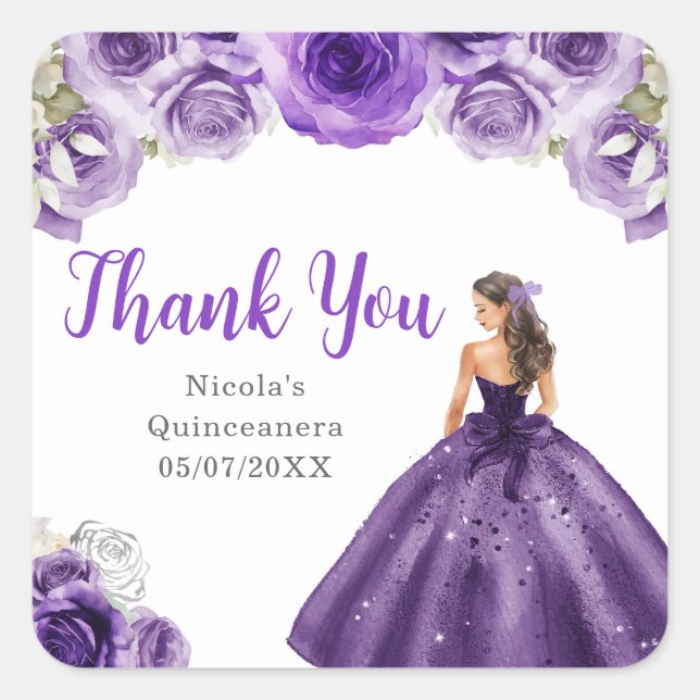 Floral Princess in Dark Purple Dress Quinceanera Square Sticker (Front)
