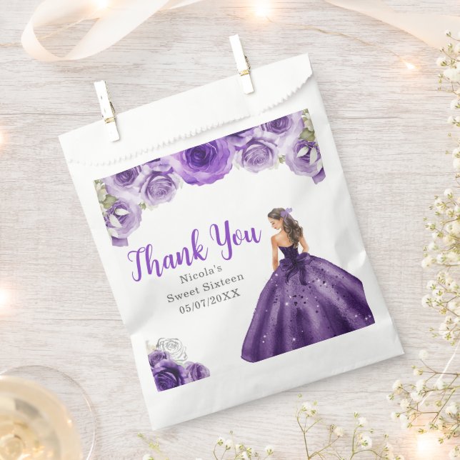 Floral Princess in Dark Purple Dress Sweet Sixteen Favor Bag (Clipped)
