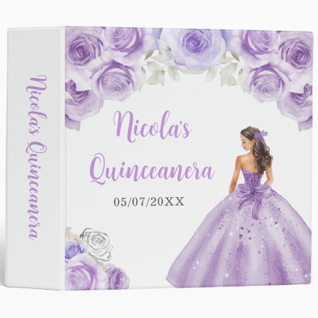 Floral Princess in Dusty Purple Dress Quinceanera 3 Ring Binder (Front/Spine)
