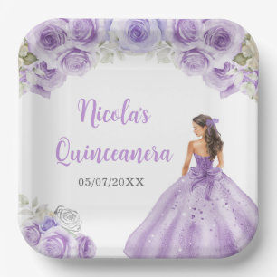 Floral Princess in Dusty Purple Dress Quinceanera Paper Plates