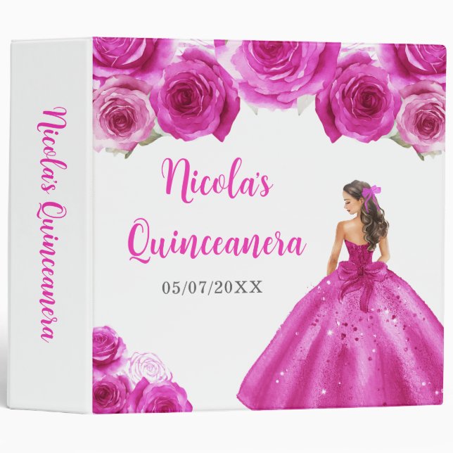 Floral Princess in Hot Pink Dress Quinceanera 3 Ring Binder (Front/Spine)