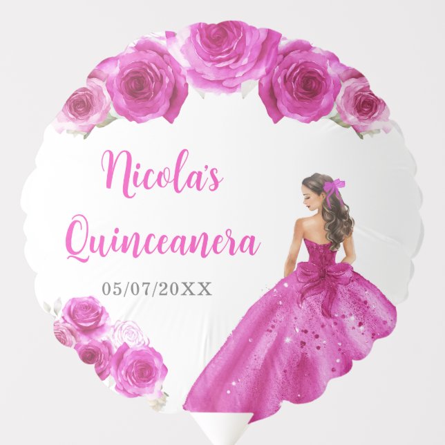 Floral Princess in Hot Pink Dress Quinceanera Balloon (Front)