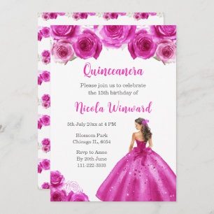 Floral Princess in Hot Pink Dress Quinceanera Invitation