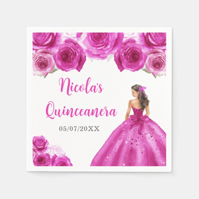 Floral Princess in Hot Pink Dress Quinceanera Napkins (Front)