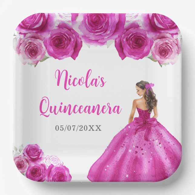 Floral Princess in Hot Pink Dress Quinceanera Paper Plates (Front)